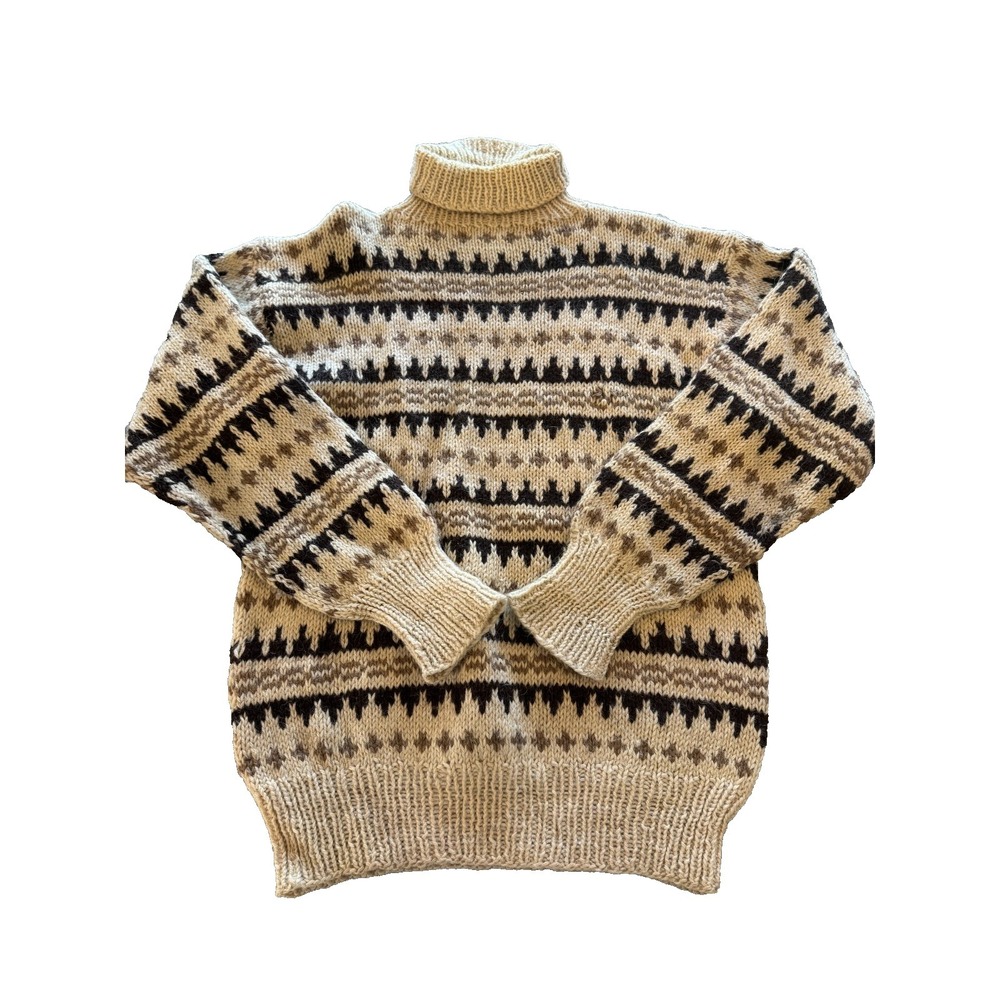 Vintage Hand Knit Sweater Womens Beige Black Fair‎ Isle Cozy Turtleneck Retro